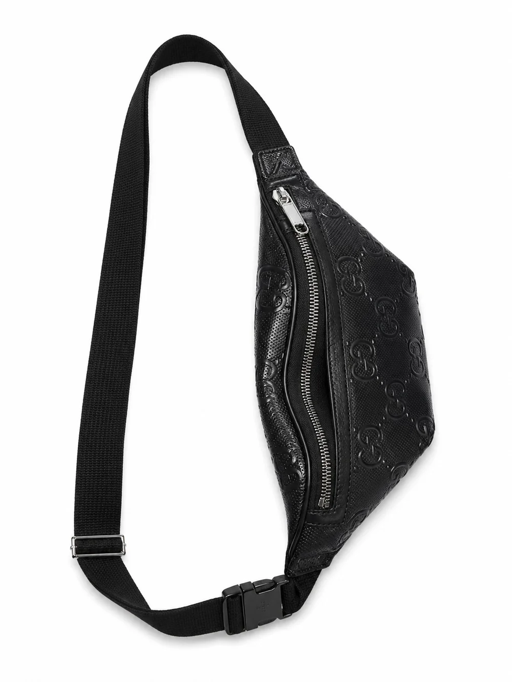 Gucci Black Embossed GG Leather Belt Bag with Silver Zipper